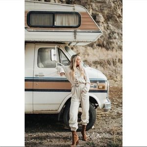 Free People Beach Ride Or Die Cream Knit Utility Jumpsuit